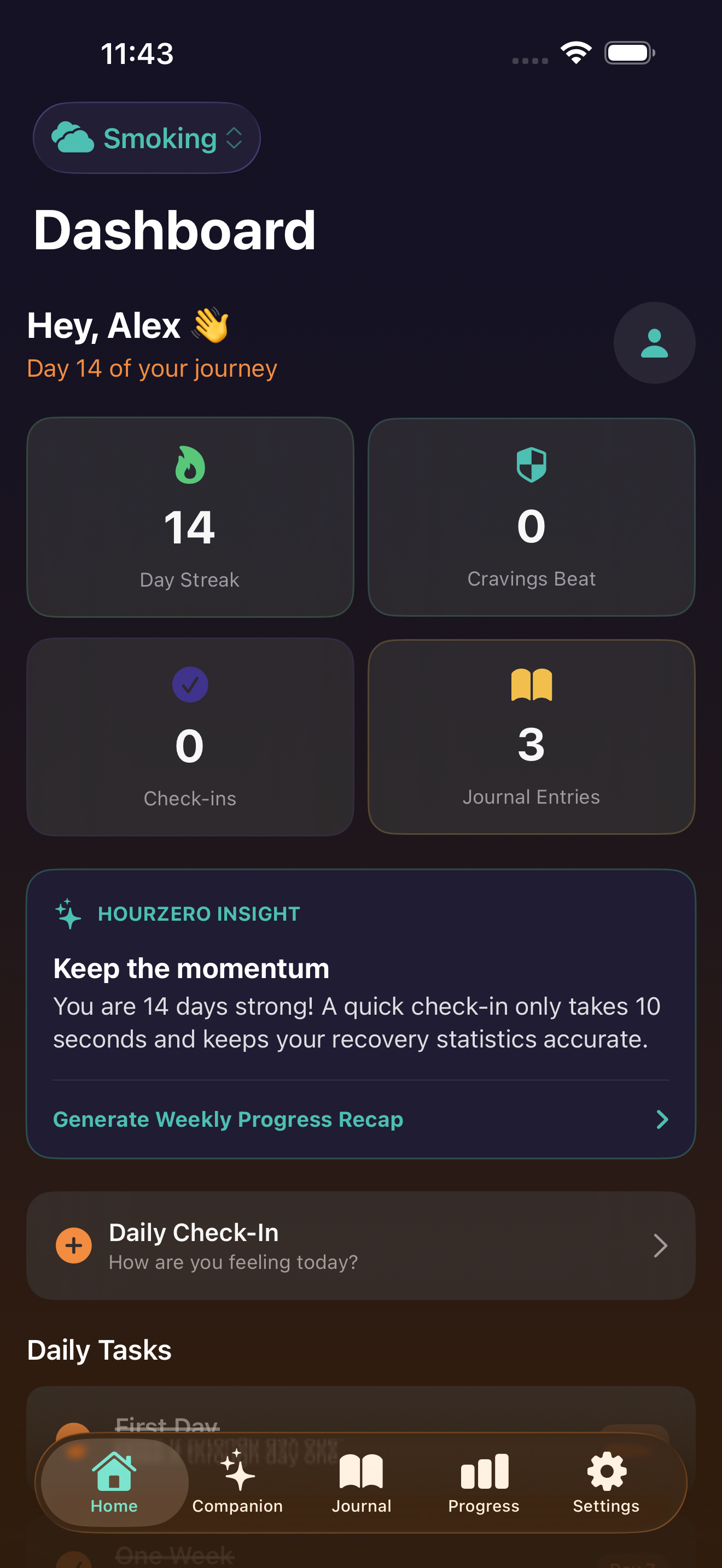 HourZero home screen